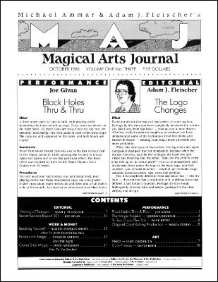 (image for) Michael Ammar & Adam J. Fleischer - Magical Arts Journal Volume 1 Issue 3 (Oct 1986)